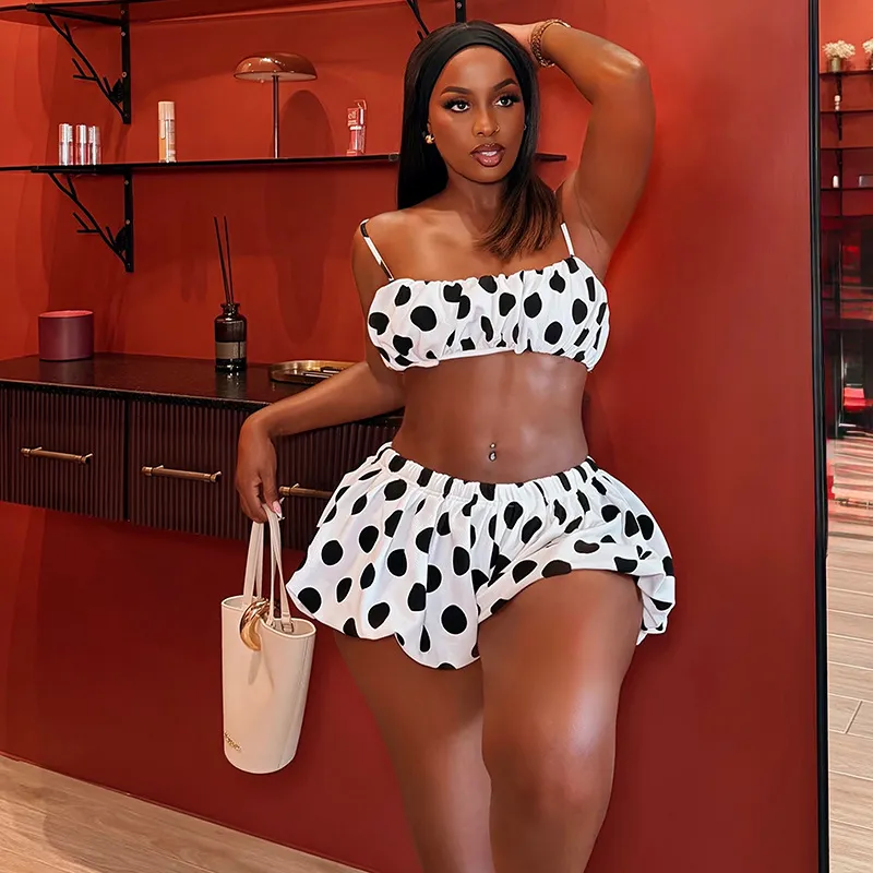 Women Sexy Polka Dot Print Sling Top And Shorts Two-Piece Set