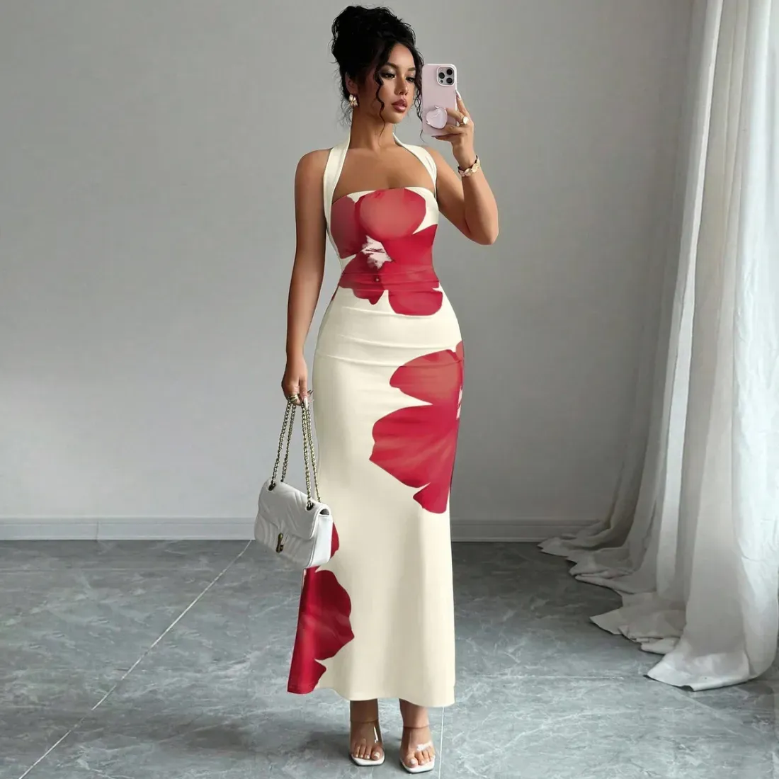 Women Fashion Backless Floral Print Maxi Dress