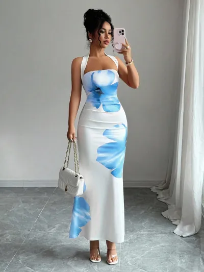 Women Fashion Backless Floral Print Maxi Dress