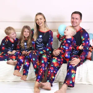 Cartoon Christmas Tree Print Round Neck Long Sleeve Family Matching Pajamas Set
