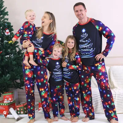 Cartoon Christmas Tree Print Round Neck Long Sleeve Family Matching Pajamas Set