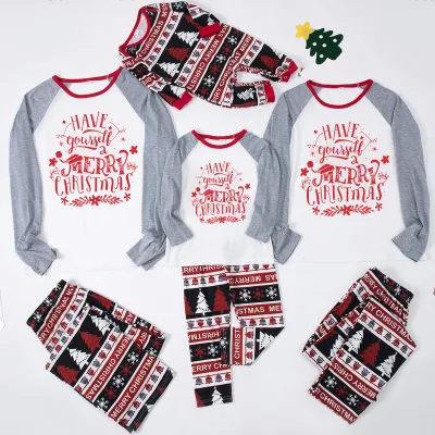 Fashion Christmas Print Round Neck Long Sleeve Family Matching Pajamas Set