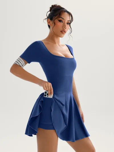 Women Fashion Casual Solid Color Short-Sleeve Sports Tennis Dress