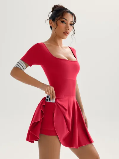 Women Fashion Casual Solid Color Short-Sleeve Sports Tennis Dress