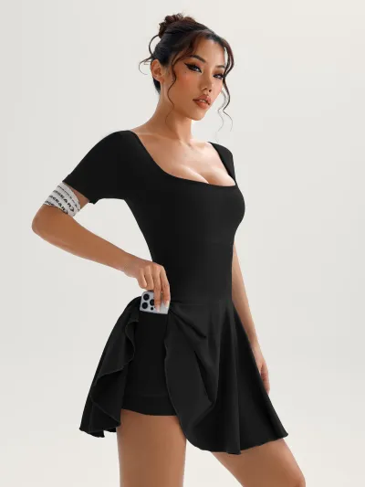 Women Fashion Casual Solid Color Short-Sleeve Sports Tennis Dress