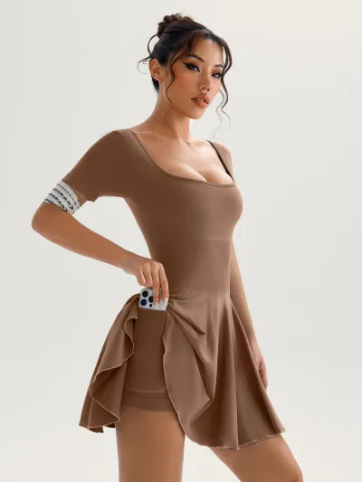 Women Fashion Casual Solid Color Short-Sleeve Sports Tennis Dress