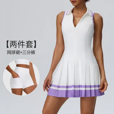 Women Fashion Casual Color Block Lapel Sleeveless Pleated Tennis Dress Shorts Two-Piece Set