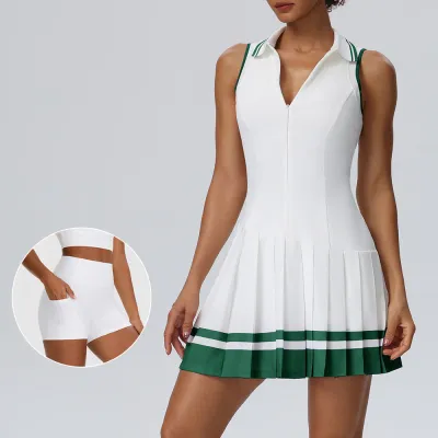 Women Fashion Casual Color Block Lapel Sleeveless Pleated Tennis Dress Shorts Two-Piece Set