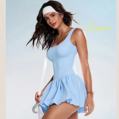 Women Fashion Casual Solid Color Fake Two-Piece Anti-Exposure Pockets Quick-Drying Sports Tennis Dress
