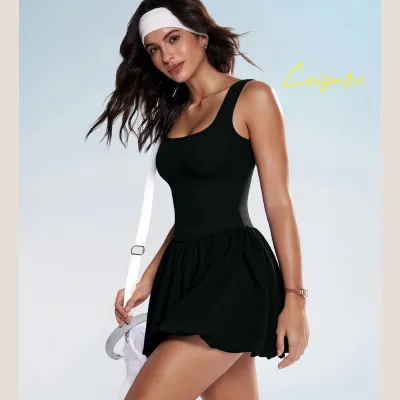 Women Fashion Casual Solid Color Fake Two-Piece Anti-Exposure Pockets Quick-Drying Sports Tennis Dress