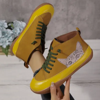 Women Fashion Casual Autumn And Winter Printed Round-Toe High-Top Flat Lace-Up Sneakers