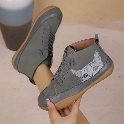 Women Fashion Casual Autumn And Winter Printed Round-Toe High-Top Flat Lace-Up Sneakers