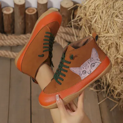 Women Fashion Casual Autumn And Winter Printed Round-Toe High-Top Flat Lace-Up Sneakers
