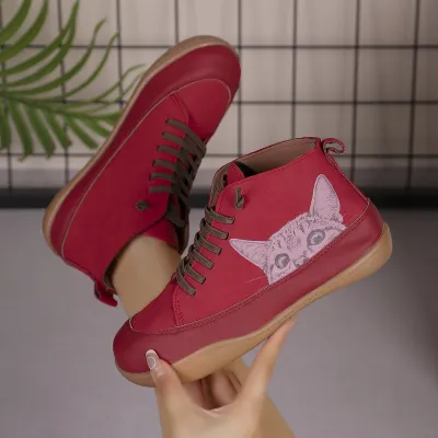 Women Fashion Casual Autumn And Winter Printed Round-Toe High-Top Flat Lace-Up Sneakers