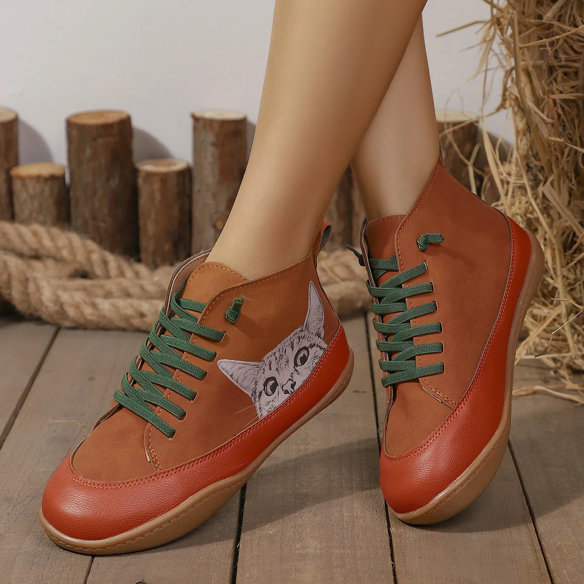 Women Fashion Casual Autumn And Winter Printed Round-Toe High-Top Flat Lace-Up Sneakers