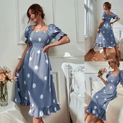 Women Casual Polo Dot Print Short Sleeve Midi Dress