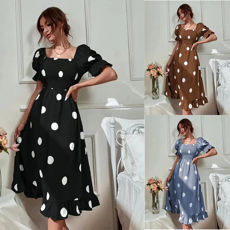 Women Casual Polo Dot Print Short Sleeve Midi Dress