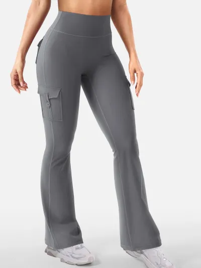 Women Fashion Casual Solid Color Stretch High Waist Pocket Sports Yoga Flared Pants