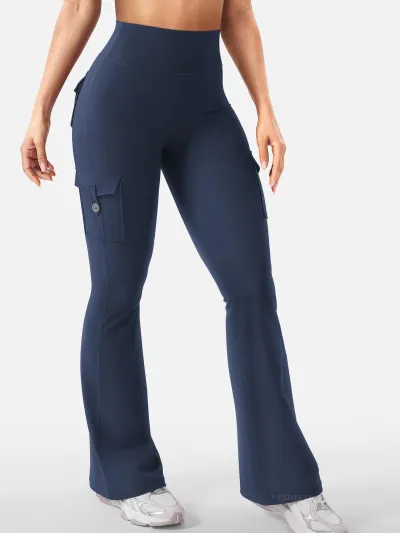 Women Fashion Casual Solid Color Stretch High Waist Pocket Sports Yoga Flared Pants