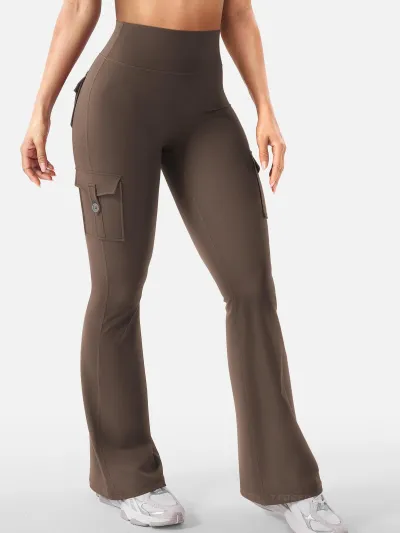 Women Fashion Casual Solid Color Stretch High Waist Pocket Sports Yoga Flared Pants