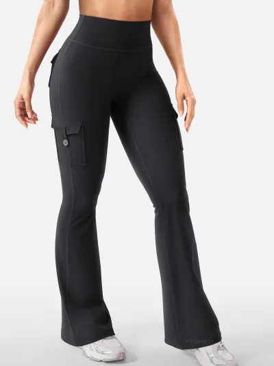 Women Fashion Casual Solid Color Stretch High Waist Pocket Sports Yoga Flared Pants