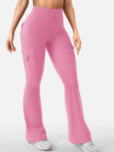 Women Fashion Casual Solid Color Stretch High Waist Pocket Sports Yoga Flared Pants