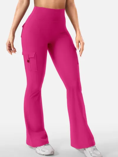 Women Fashion Casual Solid Color Stretch High Waist Pocket Sports Yoga Flared Pants