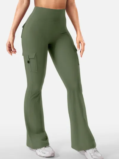 Women Fashion Casual Solid Color Stretch High Waist Pocket Sports Yoga Flared Pants