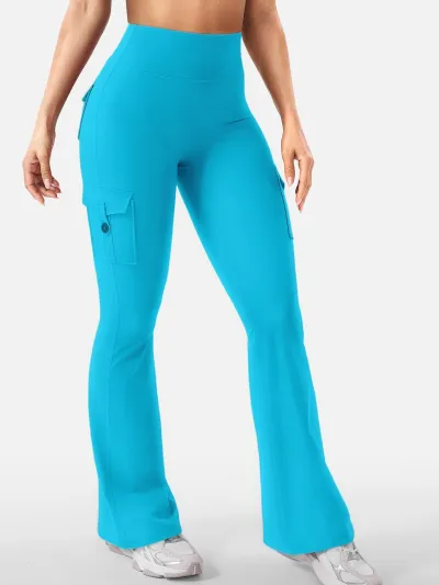 Women Fashion Casual Solid Color Stretch High Waist Pocket Sports Yoga Flared Pants