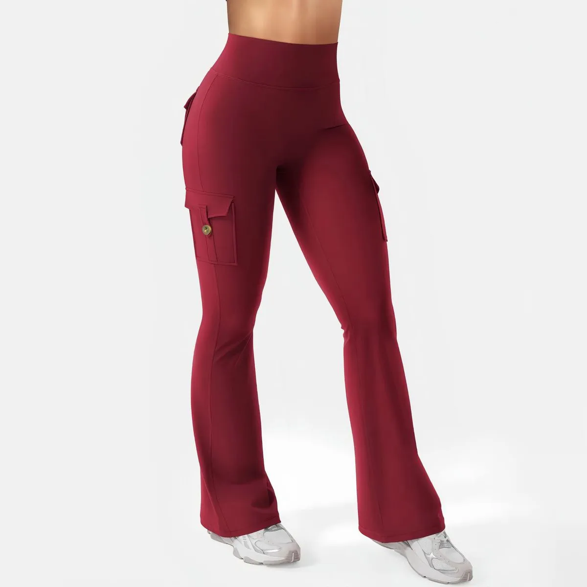 Women Fashion Casual Solid Color Stretch High Waist Pocket Sports Yoga Flared Pants