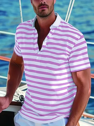 Men'S Fashion Casual Summer Stripe Lapel Short-Sleeve Polo Shirt