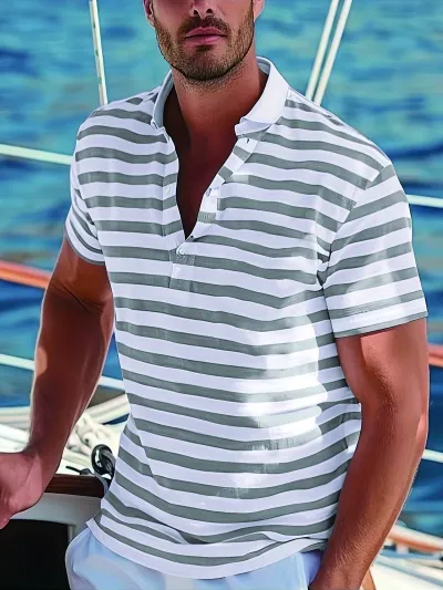 Men'S Fashion Casual Summer Stripe Lapel Short-Sleeve Polo Shirt