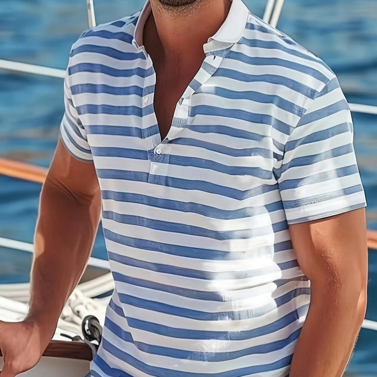 Men'S Fashion Casual Summer Stripe Lapel Short-Sleeve Polo Shirt