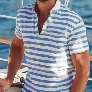 Men'S Fashion Casual Summer Stripe Lapel Short-Sleeve Polo Shirt