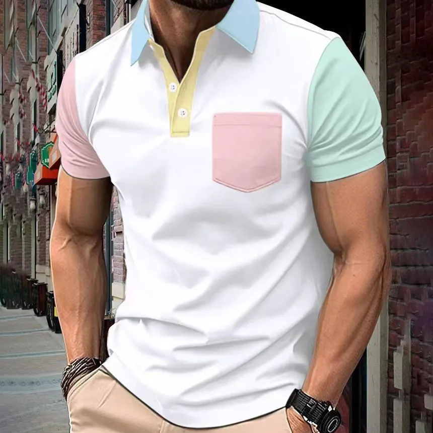 Men'S Fashion Casual Summer Contrast Color Lapel Short-Sleeve Pocket Polo Shirt