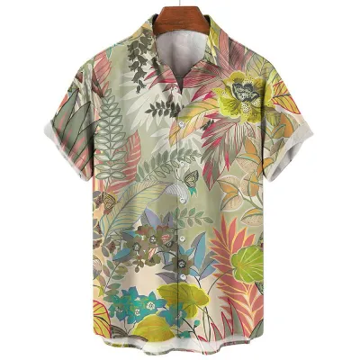 Men'S Fashion Casual Summer Vacaton Coconut Tree 3D Print Lapel Short Sleeve Shirt