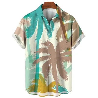 Men'S Fashion Casual Summer Vacaton Coconut Tree 3D Print Lapel Short Sleeve Shirt