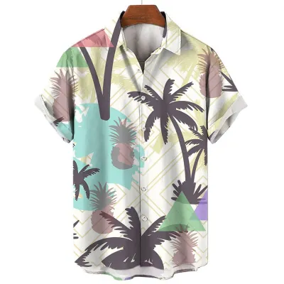 Men'S Fashion Casual Summer Vacaton Coconut Tree 3D Print Lapel Short Sleeve Shirt