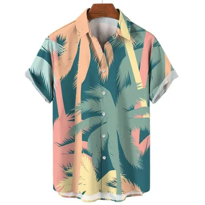 Men'S Fashion Casual Summer Vacaton Coconut Tree 3D Print Lapel Short Sleeve Shirt