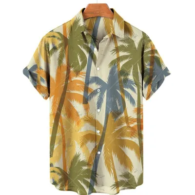 Men'S Fashion Casual Summer Vacaton Coconut Tree 3D Print Lapel Short Sleeve Shirt