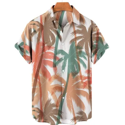 Men'S Fashion Casual Summer Vacaton Coconut Tree 3D Print Lapel Short Sleeve Shirt