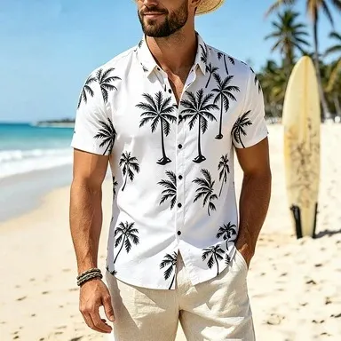 Men'S Fashion Casual Vacation Printed Lapel Short-Sleeve Non-Ironing Thin Shirt