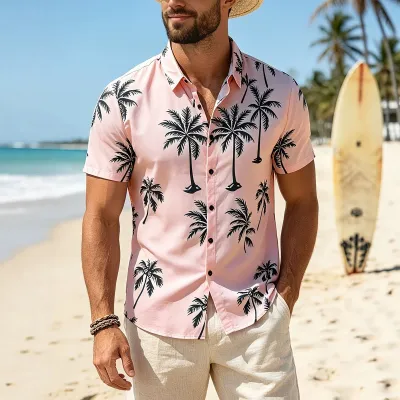 Men'S Fashion Casual Vacation Printed Lapel Short-Sleeve Non-Ironing Thin Shirt