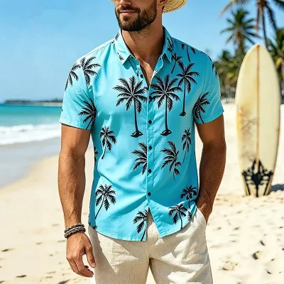 Men'S Fashion Casual Vacation Printed Lapel Short-Sleeve Non-Ironing Thin Shirt
