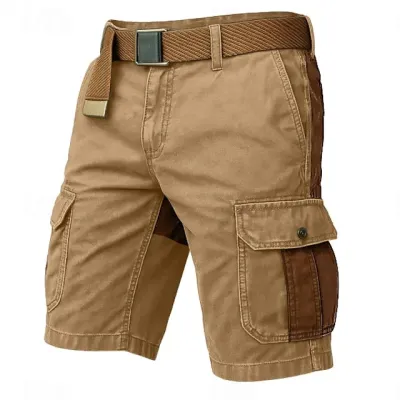 Men'S Fashion Casual Washed Cotton Colorblock Double Zipper Cargo Shorts