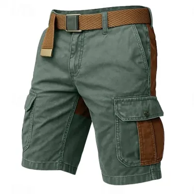 Men'S Fashion Casual Washed Cotton Colorblock Double Zipper Cargo Shorts
