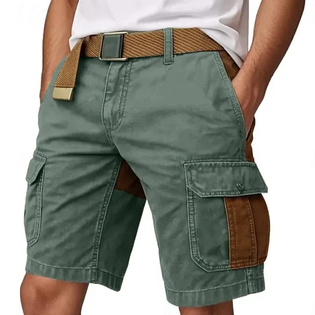 Men'S Fashion Casual Washed Cotton Colorblock Double Zipper Cargo Shorts