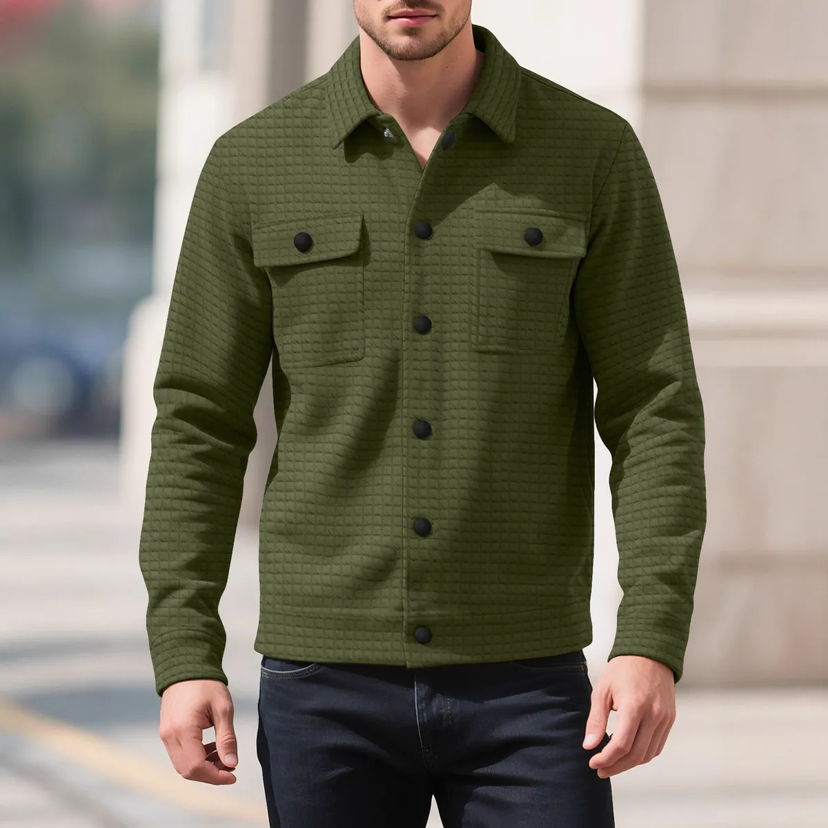 Men'S Fashion Casual Spring And Autumn Solid Color Jacquard Lapel Long-Sleeve Loose Coat
