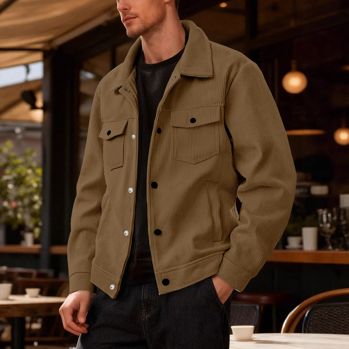 Men'S Fashion Casual Autumn Solid Color Corduroy Single-Breasted Collar Long-Sleeve Jacket