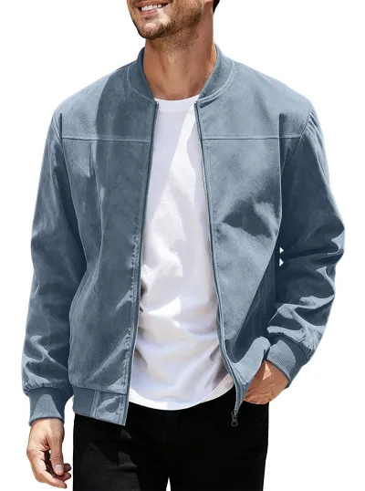 Men'S Fashion Casual Autumn Solid Color Suede Long-Sleeve Zipper Jacket